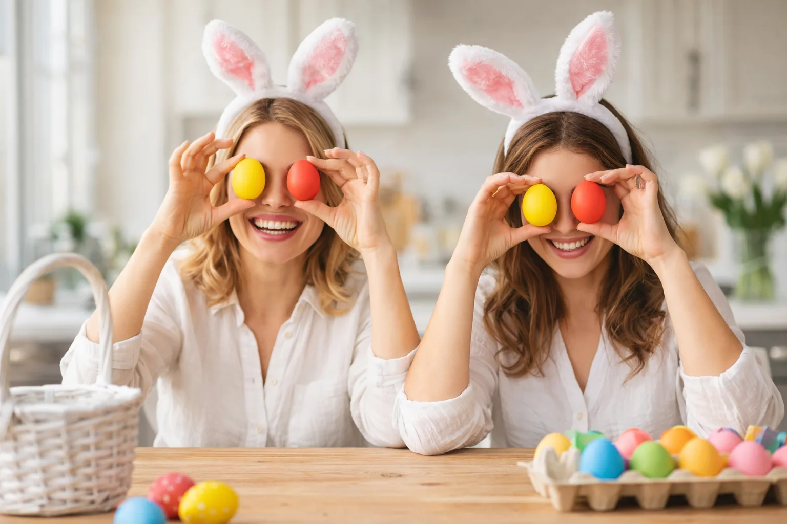 Zwei Frauen mit Ostereiern und Hasenohren am Tisch.
