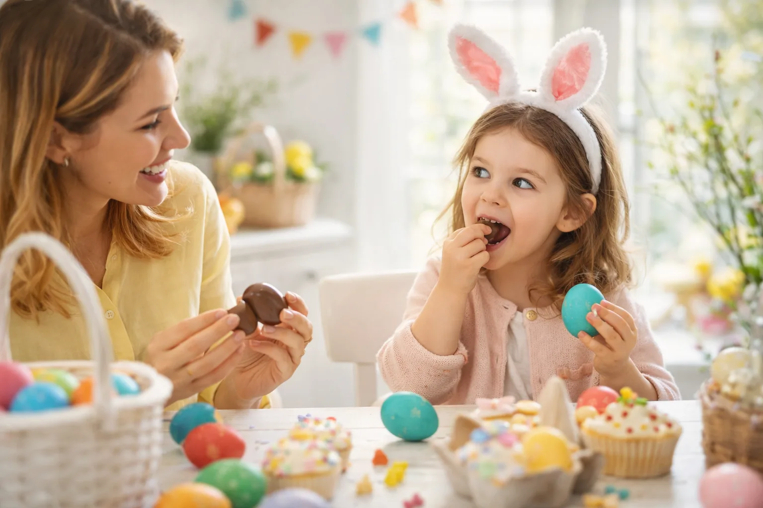 Mutter und Kind mit Ostereiern und Schokolade am Tisch.